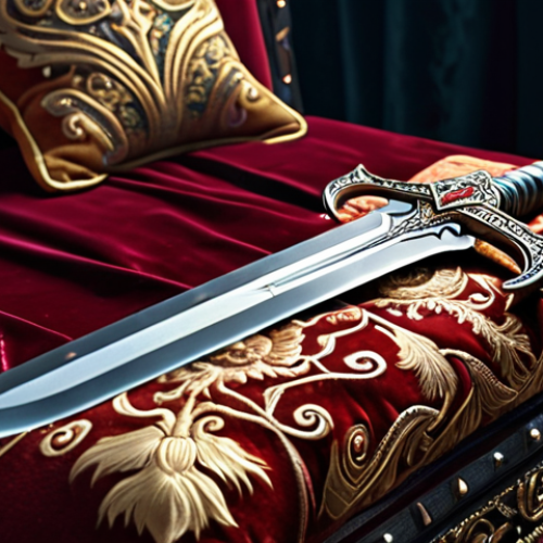 Home 15 **A rare, ornate sword, glowing slightly, displayed on a velvet cushion.** (Focus: Weapons, rarity, value)
