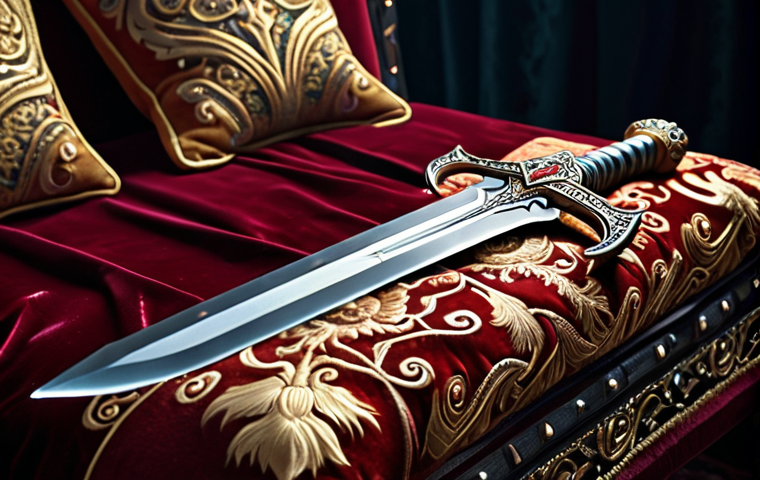 **A rare, ornate sword, glowing slightly, displayed on a velvet cushion.** (Focus: Weapons, rarity, value)