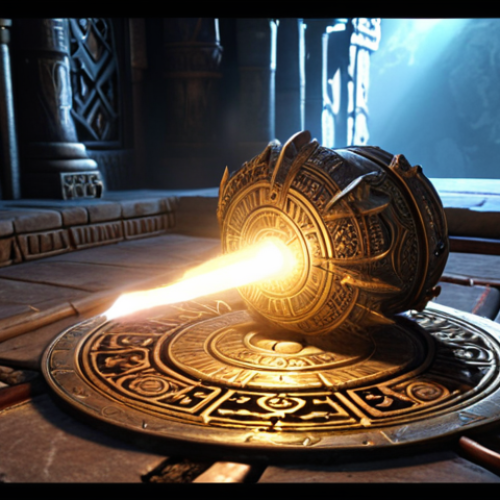 Home 8 **Prompt:** A rare, ornate artifact glowing with power in a mystical, ancient game setting. Emphasis on enhancing combat skills and giving a unique identity.