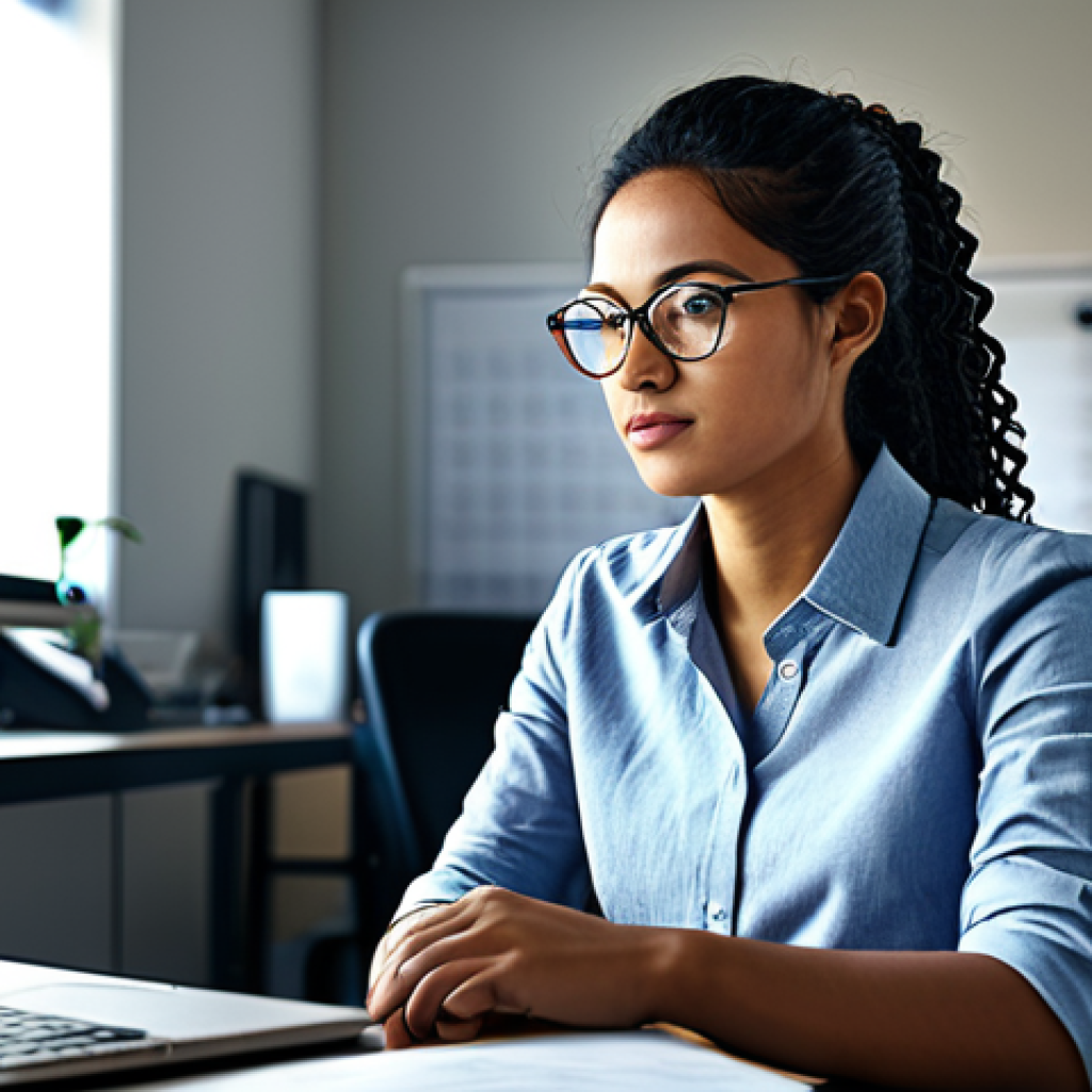 **

A professional female software engineer working at her desk in a modern, sunlit office. She is wearing a modest, button-down shirt and glasses. Her desk is tidy with a laptop and a coffee mug. The background shows blurred office activity. Fully clothed, appropriate attire, safe for work, perfect anatomy, natural proportions, professional.

**