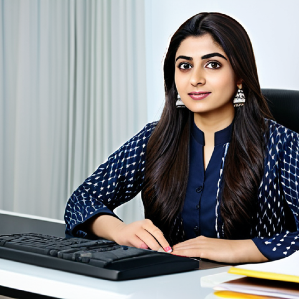 ** A professional businesswoman in a modest shalwar kameez, sitting at a desk in a modern office in Karachi, fully clothed, appropriate attire, safe for work, perfect anatomy, natural proportions, professional photography, high quality.

**