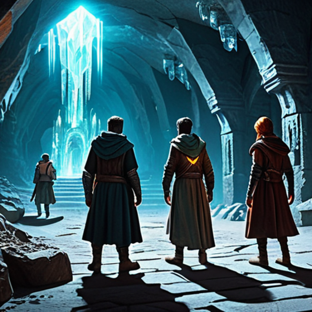 아이온 인던 드랍 아이템 - A group of fully clothed adventurers exploring a vast, ancient underground city, illuminated by glow...