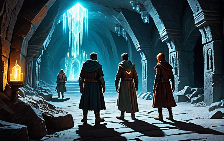 아이온 인던 드랍 아이템 - A group of fully clothed adventurers exploring a vast, ancient underground city, illuminated by glow...