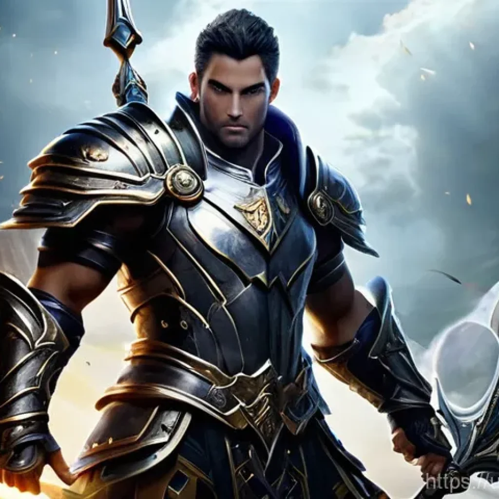 아이온 데미지 계산법 - **Prompt:** A powerful, determined male Gladiator character from the Aion universe, standing in a dy...