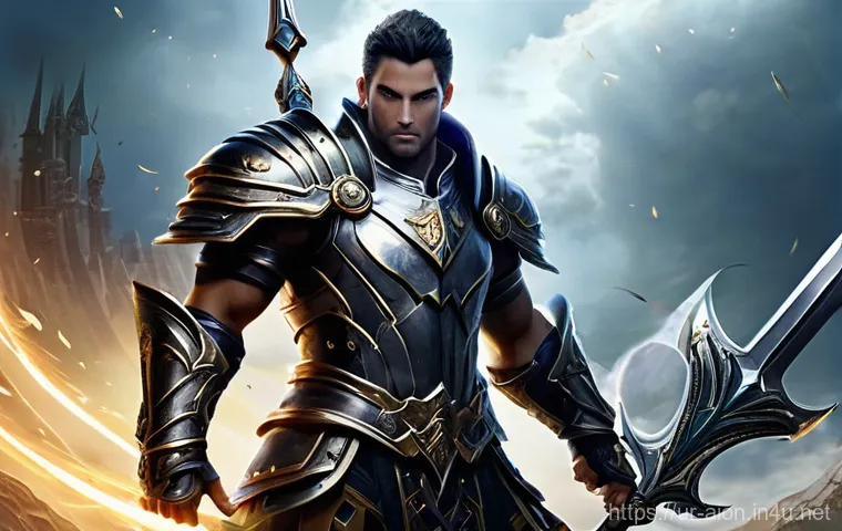 아이온 데미지 계산법 - **Prompt:** A powerful, determined male Gladiator character from the Aion universe, standing in a dy...