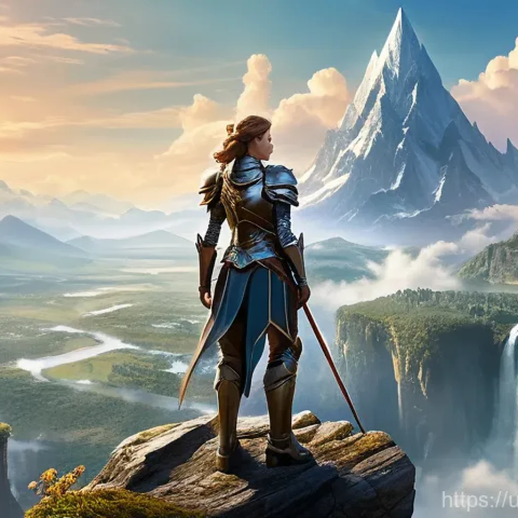 아이온 업데이트 소식 - A sweeping, epic wide shot of a vast and vibrant fantasy world, showcasing towering, snow-capped mou...