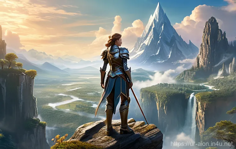 아이온 업데이트 소식 - A sweeping, epic wide shot of a vast and vibrant fantasy world, showcasing towering, snow-capped mou...