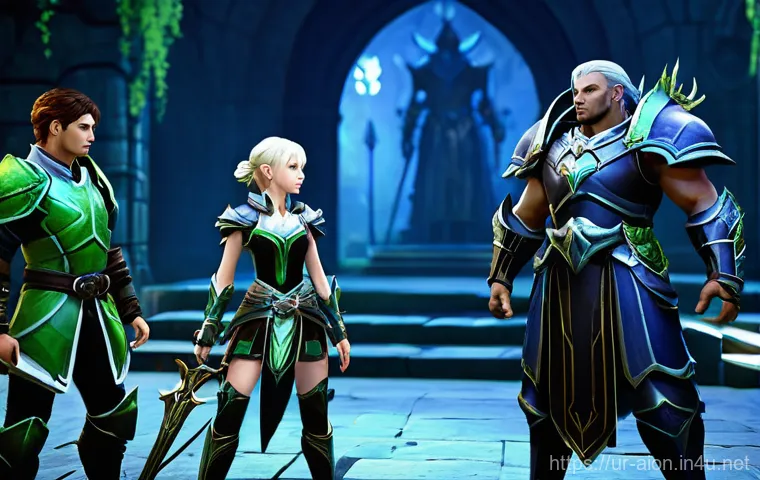 아이온 커뮤니티 가입 방법 - **Aion Group Mission in a Verdant Dungeon:** A diverse group of five Aion characters, fully clad in ...