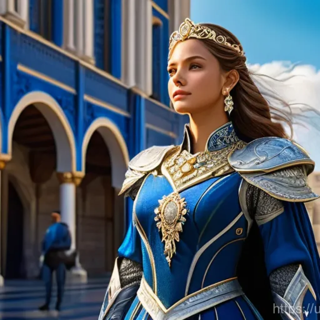 아이온 캐릭터 코스튬 획득 - A stunning, confident female warrior from a high-fantasy MMORPG, standing gracefully in a grand, sun...