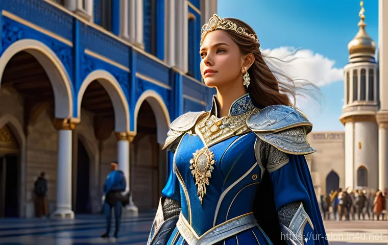 아이온 캐릭터 코스튬 획득 - A stunning, confident female warrior from a high-fantasy MMORPG, standing gracefully in a grand, sun...