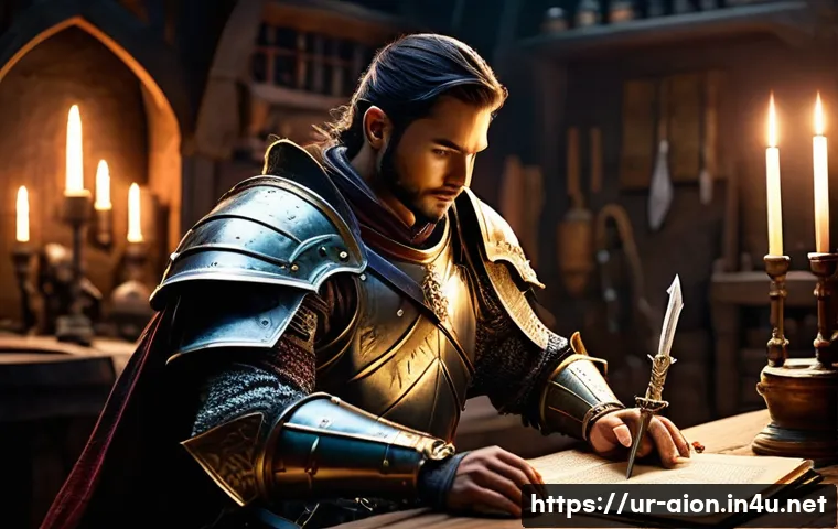 아이온 공성전 준비물 - **Prompt: "A seasoned fantasy warrior, heavily armored and equipped with an intricately enchanted sw...